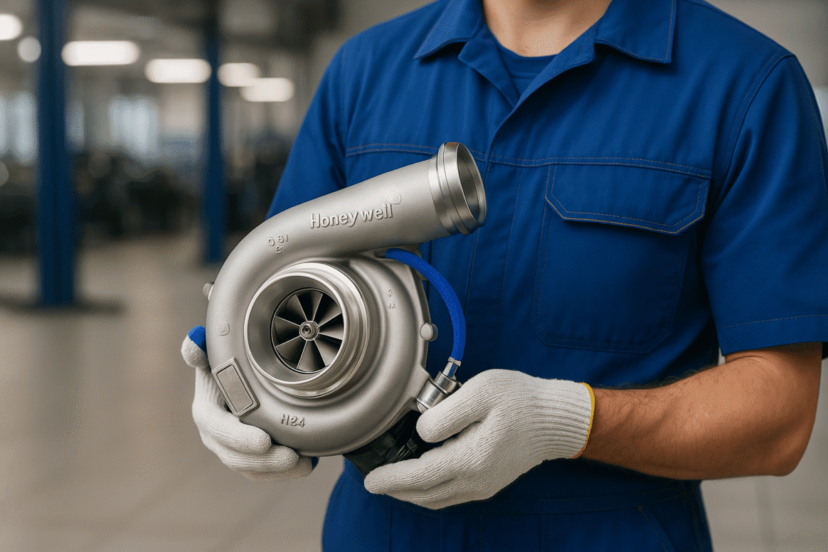 Zwei Kfz-Techniker bei der Turbolader-Prüfung und Beratung in der Werkstatt von TimeTec24 in Falkensee.