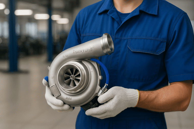 Zwei Kfz-Techniker bei der Turbolader-Prüfung und Beratung in der Werkstatt von TimeTec24 in Falkensee.