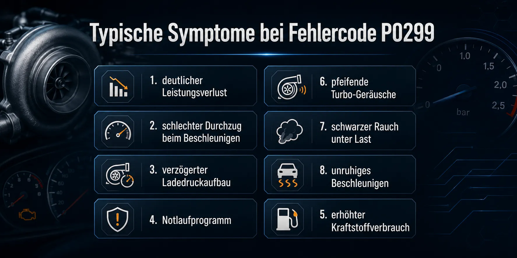 Fehlercode P0299 – Ladedruck zu niedrig beim Turbolader erklärt 1 Typische Symptome bei Fehlercode P0299